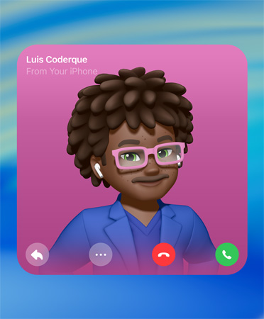 FaceTime Kontaktposter, Genmoji in der Mitte, Name der Person oben links, Symbole für Antwort, weitere Optionen, Auflegen und Abholen unten