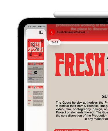 iPad, landscape orientation, Apple Pencil magnetically attached to top, top left of screen shows PDF in Preview app