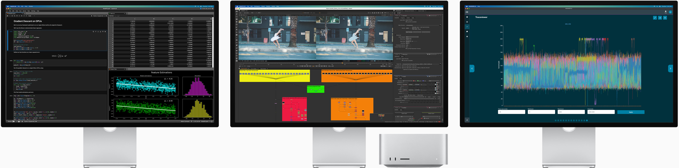 Mac Studio và ba chiếc Studio Display đang hiển thị các ứng dụng macOS khác nhau trên màn hình